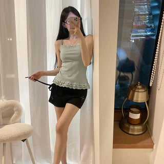 Knit Elastic Banded Studded Folding Strap High-Waisted Slim Hot Pants Shorts