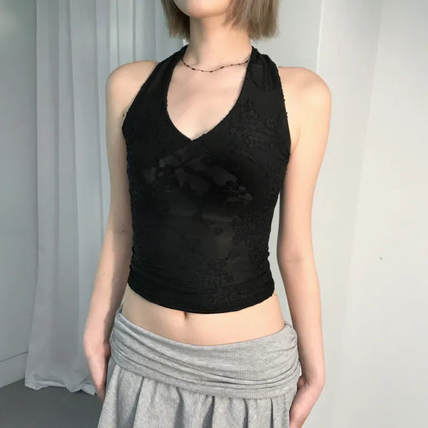 JACQUARD FLORAL HALTER TOP / Stretchy and breathable fabric