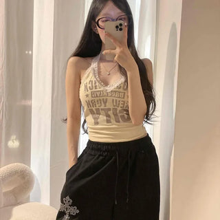 Halter Neck V-Neck Lace Contrast Lettering Backless Padded Semi-Crop Sleeveless Top