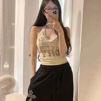 Halter Neck V-Neck Lace Contrast Lettering Backless Padded Semi-Crop Sleeveless Top