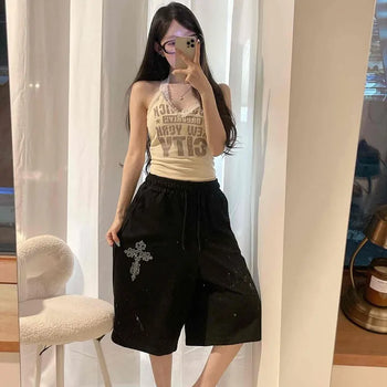 Cubic Cross String Wide Bermuda Sweatpants