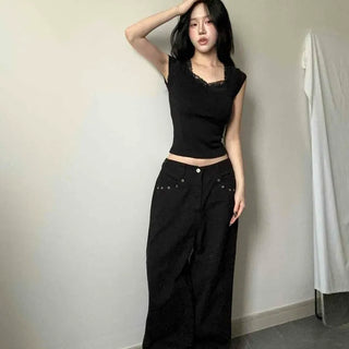 Lace Cap Sleeve Round Neck Slim Fit Crop Short Sleeve Tee