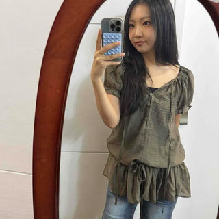 Chiffon Square Neck Puff Sleeve String Frill Loose Fit Blouse