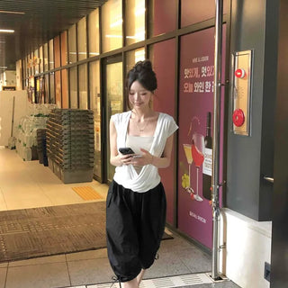 Nylon Cargo Drawstring Loose Fit Balloon Long Pants