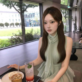 Halter Neck Tie Ribbon Chiffon See-through Peplum Loose Fit Blouse