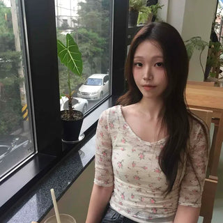 Flower Embroidered Lace See-through Mesh Chiffon 3/4 Slim Fit V-Neck Short Sleeve Tee