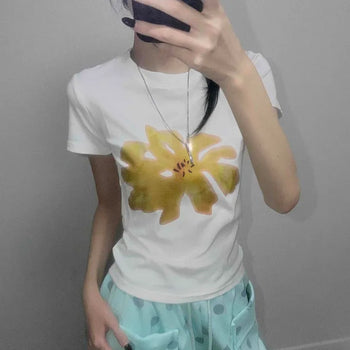 Flower Embroidered Round Neck Cotton Short Sleeve T-shirt