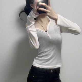 *Sal-anta Item* Lever See-through Button V-neck Long Sleeve T-shirt