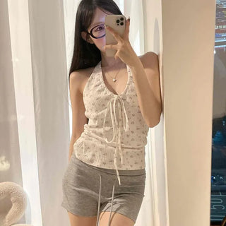 Halterneck Strap Shirred Ribbon Small Floral Sleeveless Top