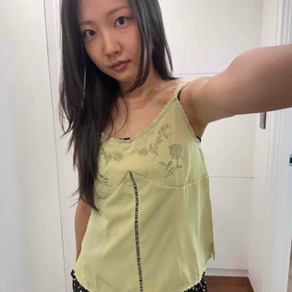 Floral Embroidery V-Neck Slim Fit Modal Strap Sleeveless Top