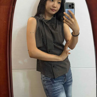 Check Collar Diagonal Button Waist Tie Slim Fit Sleeveless Blouse
