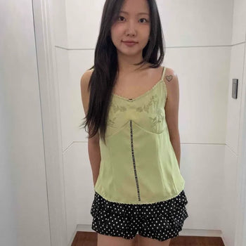 Dot Frill Tiered Ribbon Mid-Rise Wide Hot Pants Shorts
