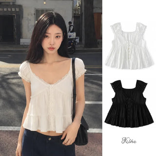 Amelie Frill Lace Blouse / New Color! Feminine, innocent, lovely summer daily look, sleeveless short sleeves, shirring