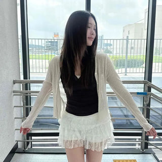 See-through Ribbed V-neck Button Loose Fit Knit Cardigan