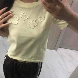 Flower Embroidery Print Slim Fit Cropped Cutout Round Neck Cotton Short Sleeve T-shirt