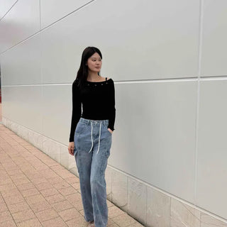 Cargo Wide Loose Fit Back Elastic String Pocket Jogger Jeans