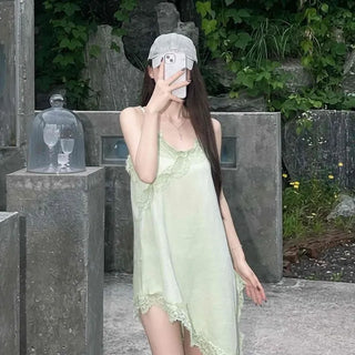 Slip Satin Lace Sleeveless H-Line Delicate Fit Asymmetrical Mini Dress