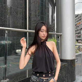 Halterneck Eyelet Modal Loose Fit Semi-Crop Sleeveless
