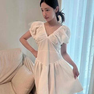 V-neck Puff Sleeve Frill Layered Two-way Flare Mini Dress