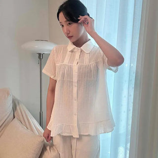 Crochet Check Frill Round Collar See-through Short Sleeve Loose Fit Shirt Blouse