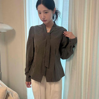 Miff Striped Tie-neck Puff Blouse