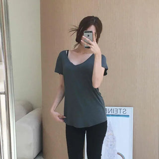 Deep V-Neck Boxy Fit Delicate Fit Flowy See-through Modal Tencel Inner Short Sleeve Tee