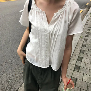 Anan Satin V-Neck Short Sleeve Blouse