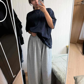 Brushed Cotton Blend Pleated High-Waisted Elastic Drawstring Wide Loose Fit Training Pants