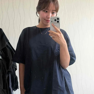 Integrated Roll-up Layered Contrast Round Neck Oversized Short Sleeve T-shirt