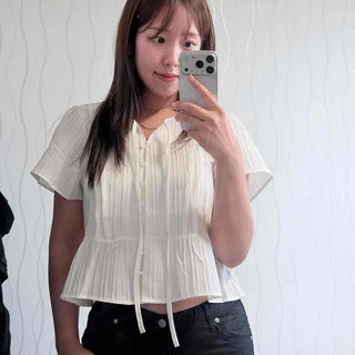 Linen Round Neck Frill Shirred Pleated Loose Fit Crop Striped Short Sleeve T-shirt
