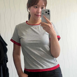 Color Block Roll-up Layered One-piece Cropped Slim Fit Short Sleeve T-shirt