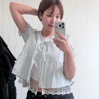 Cotton Dot Lace Ribbon Layered Loose Fit Short Sleeve Blouse