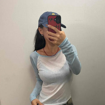 Contrast U-Neck Slim Fit See-through Long Sleeve T-shirt