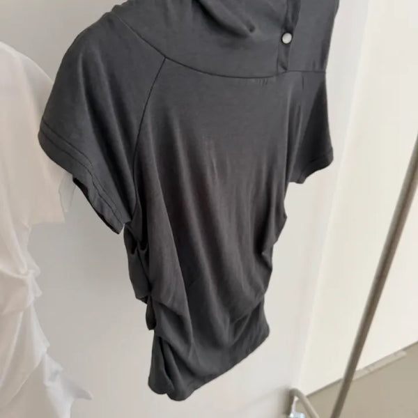 Riverk High-Neck Button Drape Hoodie Short Sleeve Tee