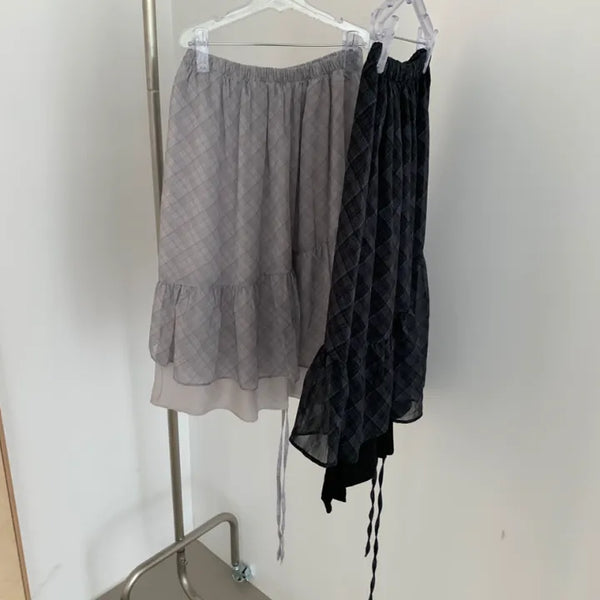 Hippo check shirred layered long skirt