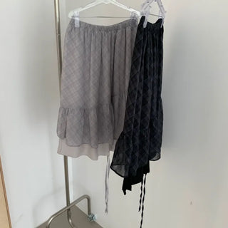 Hippo check shirred layered long skirt