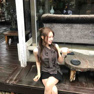 Taro High Neck Tie Shirred Check Blouse