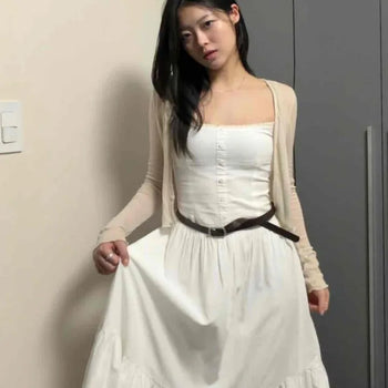 Loose-fit Plain Button See-through Button-down Long-sleeve Cardigan