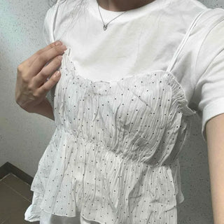 Shirred Frill String Dot Strap Layered Sleeveless