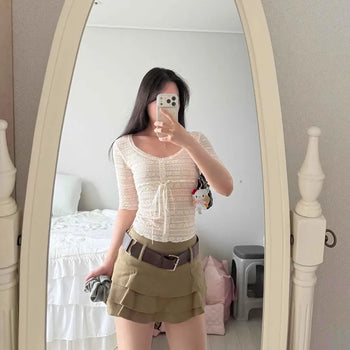 Ribbon See-through Stripe Button-Down Short-Sleeve T-Shirt