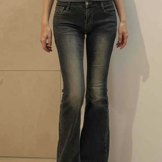 Slim Fit Washed Button Zipper Bootcut Long Pants