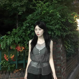 Button See-through Dot Sleeveless Blouse