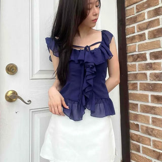 Frill Shirred Ribbon Strap Sleeveless Blouse