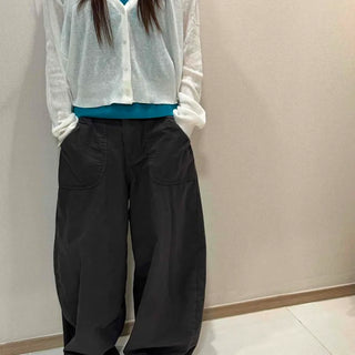 Loose-fit Shirred Button Barrel Daily Long Pants