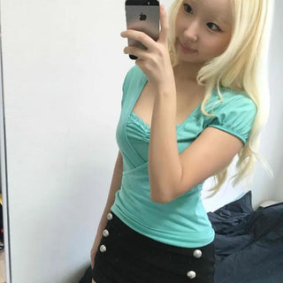 Shirred Cutout Backless Wrap Plain Short Sleeve T-shirt