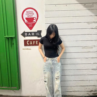 Washed Ripped Wide Loose Fit Long Pants