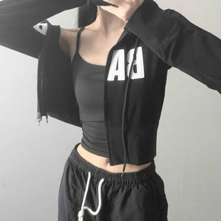 Lettering Color Block String Full-Zip Oversized Long Sleeve Zip-Up