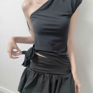 Ribbon Shirred Strap Slim Fit Plain Sleeveless