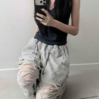 Shirred String Cutout Contrast Flap Pocket Slit Oversized Wide Long Pants