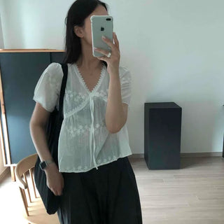 Loose-fit Flower Shirred Pintuck Ribbon Wrap Short Sleeve Blouse